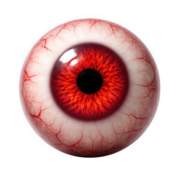 Intense red eyeball with visible veins and dark pupil illustration as PNG isolated on transparent background