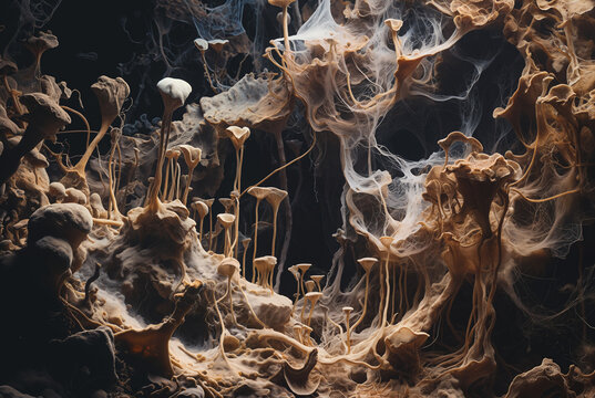 Generated artificial illustration of fungi in microscopic perspective.