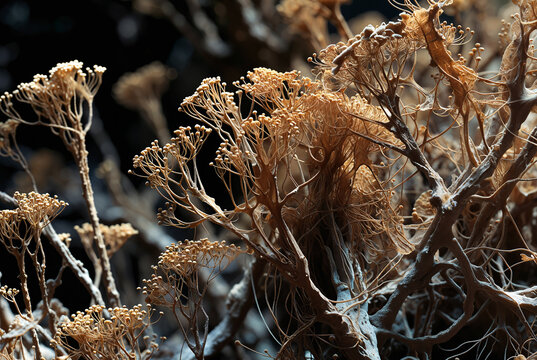 Generated artificial illustration of fungi in microscopic perspective.