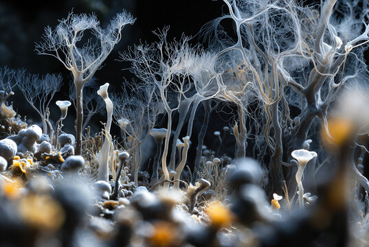 Generated artificial illustration of fungi in microscopic perspective.