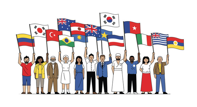 Diverse group of people holding flags from around the world celebrating unity and international diversity in a colorful illustration