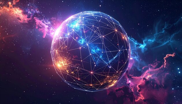 Glowing orb overlaid with network lines, against a cosmic background with swirling nebulae and vibrant colors