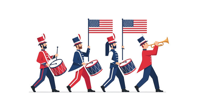 American marching band performing with flags and musical instruments on white background