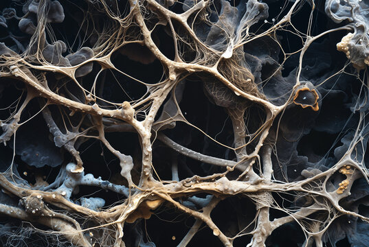 Generated artificial illustration of fungi in microscopic perspective.
