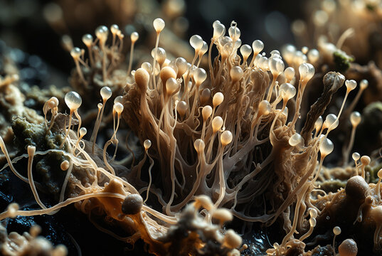 Generated artificial illustration of fungi in microscopic perspective.