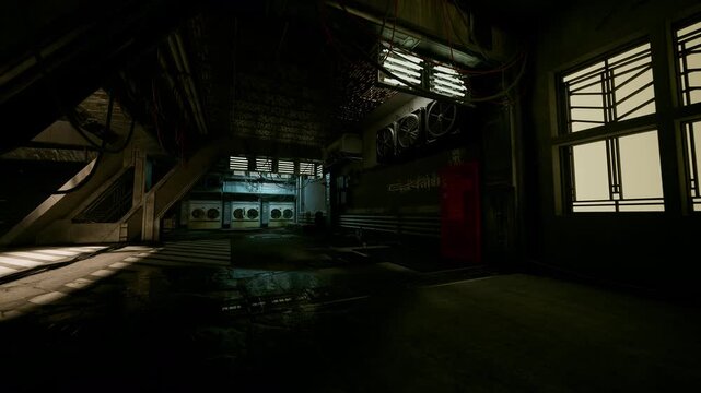 dark abandoned industrial hall with broken skylights, puddled floor, scattered debris, graffiti walls and distant bluelit control booth eerie silence, heavy