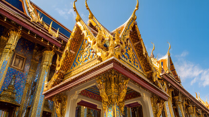 Fototapeta premium Ornate golden temple architecture under a clear blue sky