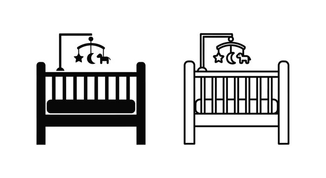 Two black and white depictions of baby cribs with mobile decorations above