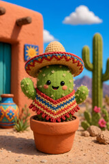 Fototapeta premium Cute Kawaii Cactus Character in Sombrero and Poncho in a Sunny Mexican Desert Landscape