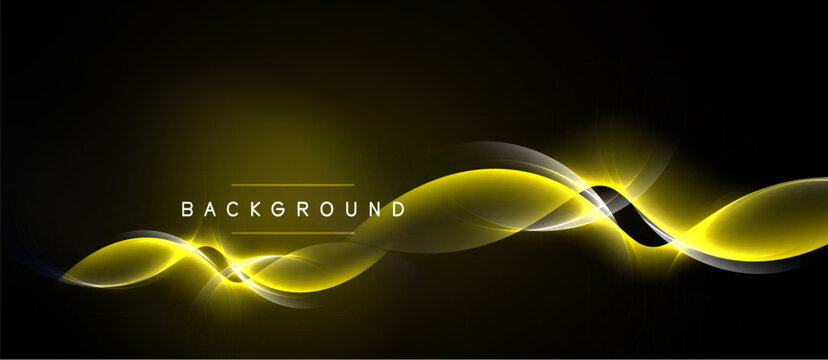 Dark background features vibrant yellow waves. Light glows emanate from curves creating dynamic visual effect. Modern design element.