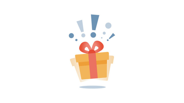 Delight present, surprise yellow gift box, birthday celebration, special give away package, loyalty program reward, wonder gift with exclamation mark, vector icon, flat illustration .