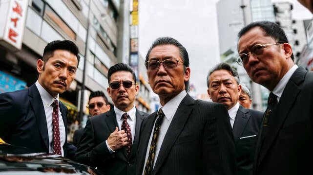 Japanese mafia group gathered around table capturing yakuza hierarchy authority and organized crime discussion with intense expressions and leadership dynamics