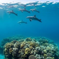 Obraz premium Dolphins swimming over coral reef underwater.