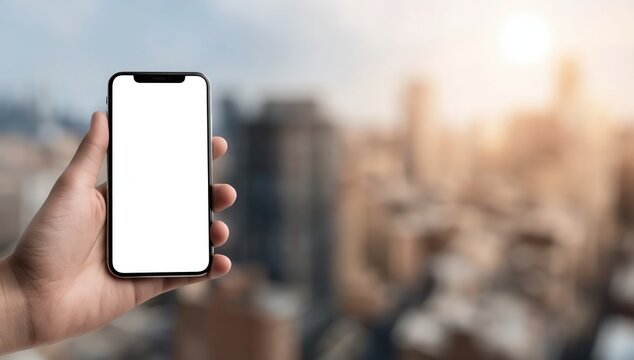 A hand holds a smartphone with a blank screen against a blurred cityscape background during sunset or sunrise.