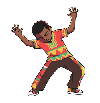 Male Dancer in Traditional African Dashiki Shirt Performing Energetic Modern Dance Moves Isolated on White Background for Cultural Arts Concept