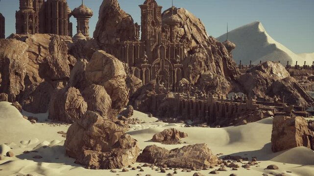 sunbaked outpost behind crumbling barricade, scout patrol inspects perimeter, tense surveillance atmosphere, windblown dust, distant watchtower and mountain