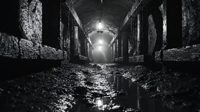 Low angle black and white shot of an eerie and dark tunnel with hanging lights and muddy path