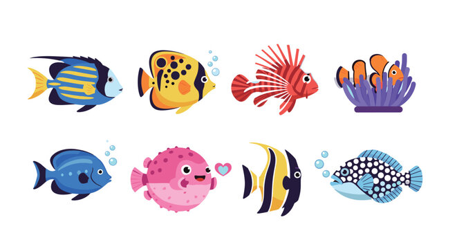 Colorful Tropical Fish Collection with Various Species such as Clownfish, Lionfish, Pufferfish and Angel Fish for Aquarium and Marine Life Design