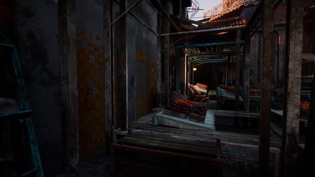 dim produce stall along narrow alley, stacked crates of tomatoes and oranges on worn wooden tables, damp cobblestone reflecting muted light, overhead rafters