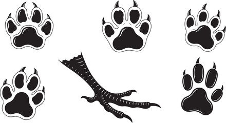 Fototapeta premium a collection of various kinds of animal footprints footprints icon vector set. Dinosaur tracks illustration sign collection. Animals footprints symbol.