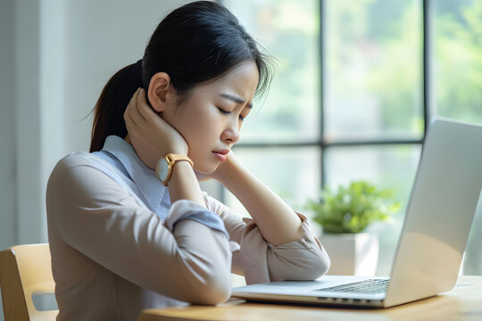 Pain in the neck muscle of Asian woman. Concept of nape pain and nuchal stiffness.
