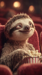 Fototapeta premium Cute Sloth Watching Movie with Popcorn – Generative AI