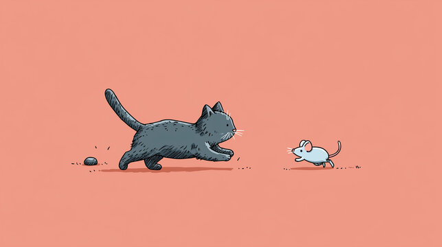 Cute cartoon cat chasing tiny mouse on pastel background, playful illustration concept with humor, movement, and classic animal rivalry theme.