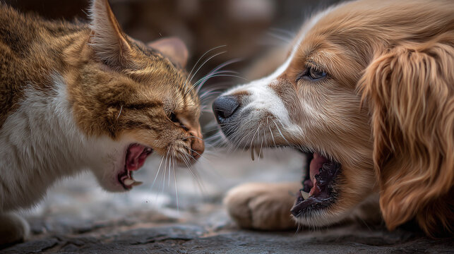 Angry cat and dog facing each other aggressively, dramatic pet conflict scene highlighting animal behavior, tension, and confrontation.