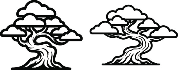 Fototapeta premium Tree with clouds on top and twisted roots on white background