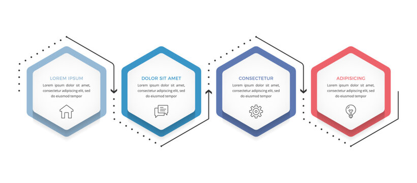 Modern infographic template with four hexagon shaped elements, icons and arrows for workflow, process and business presentation