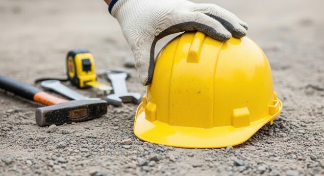 Construction Site With Yellow Hard Hat And Safety Gloves On Gravel
