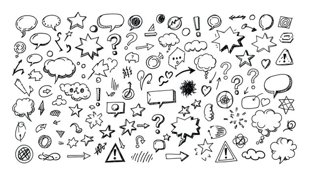 Doodle elements collection including speech bubbles arrows stars and question marks for comic design and creative layouts hand drawn sketch set isolated on white background for web graphics.