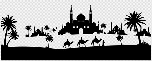 Obraz premium Islamic city skyline silhouette with mosque and minarets, desert landscape with camel caravan and palm trees, middle eastern architecture vector