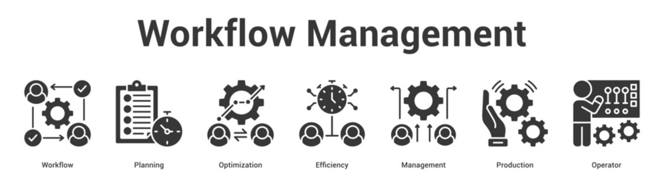 Workflow Management web banner icon set vector illustration concept for business with icon of Workflow, Planning, Optimization, Efficiency, Manageme.