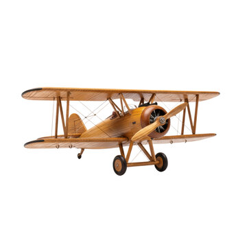 Handcrafted wooden biplane model with intricate oak grain and three-bladed propeller, positioned for flight against a solid white background, vintage aviation theme