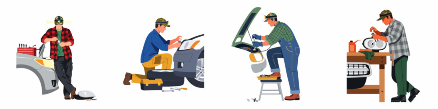 Set of Illustrations Depicting Men Repairing and Replacing Car Headlights and Bulbs in Various Settings for Automotive Maintenance and DIY Projects