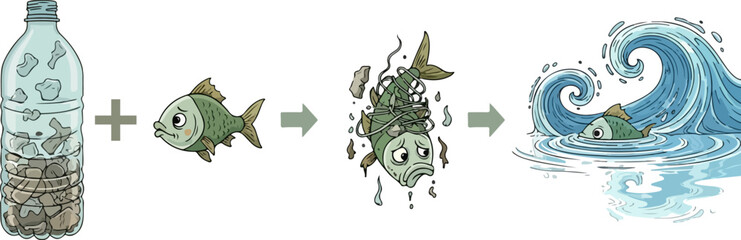 Fototapeta premium Ocean plastic pollution infographic vector, sea fish eating microplastics in water, environmental waste impact on marine life illustration