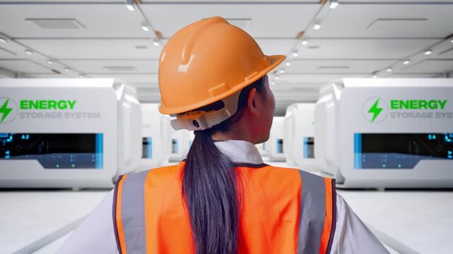Close Up Back View Of A Female Engineer Wearing Safety Helmet Looking Around While Standing With Arms Akimbo at Modular Energy Storage Systems in a Clean Modern Data Center