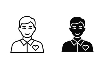 Fototapeta premium Man with heart icon on chest, vector illustration in outline and solid black style