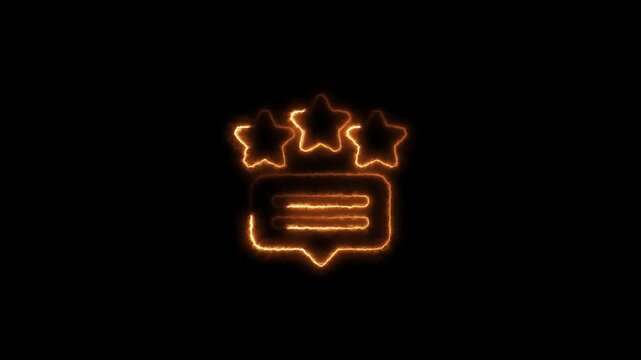 Neon glowing speech bubble with three stars floating in dark background modern animated for business presentations marketing