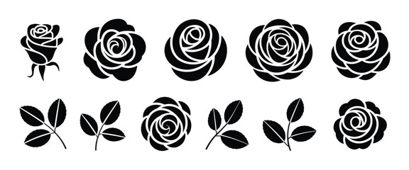 Set of black rose flower and leaf sprigs in various bloom stages isolated on a white background for silhouette © Binoy Vectors