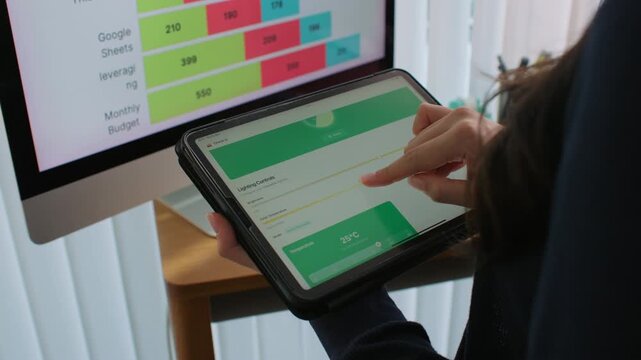 Modern woman adjusts smart lighting in her connected home office using a digital tablet, blending smart home tech, productivity, and comfort in a flexible, energy-efficient remote work environment