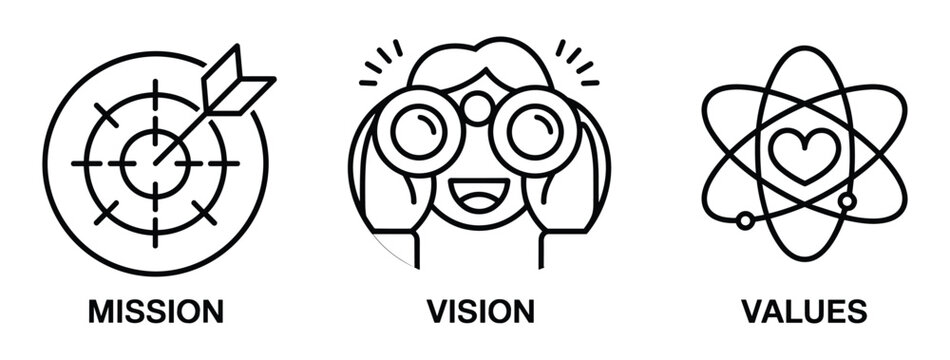 Three black and white line representing mission vision and values with a target and arrow a person looking through binoculars and an atom symbol with a heart in the center