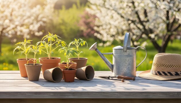 Young tomato seedlings in pots with a watering can and straw hat on a wooden table for a sunny weekend at the dacha during the beginning of the gardening season concept