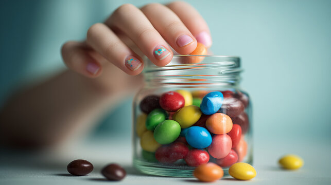 Child hand taking colorful chocolate candies from glass jar, sweet snack indulgence and playful lifestyle concept indoors.