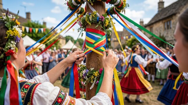 Traditional May Day celebration with people dancing around a maypole