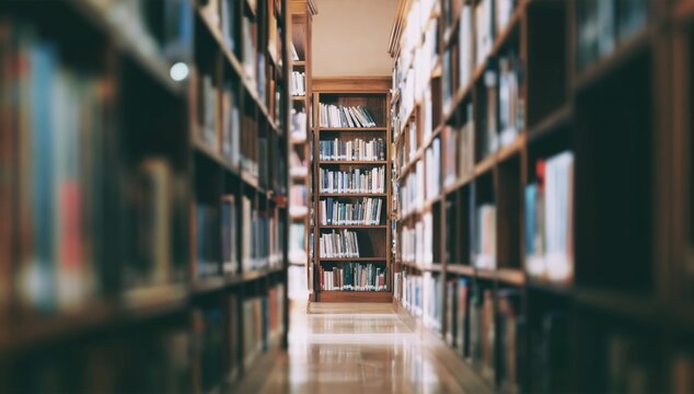 A quiet library aisle with shelves full of books, leading to a well-lit reading area in the distance.