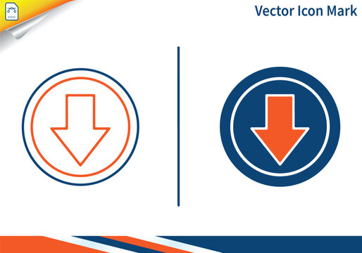 Down arrow icon set filled and outline with circle.