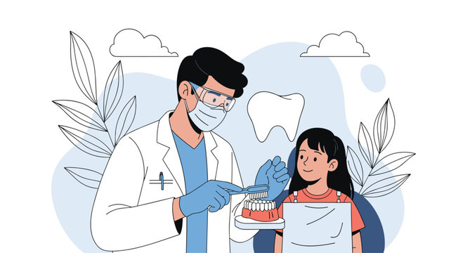 Professional dentist showing a young girl how to brush teeth properly using a large dental model and a toothbrush for oral education.