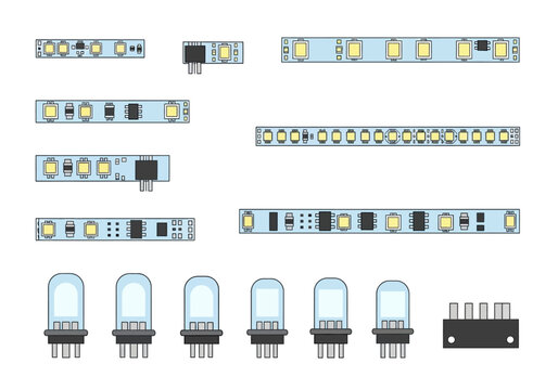 Various electronic LED light strips and bulbs on a white background